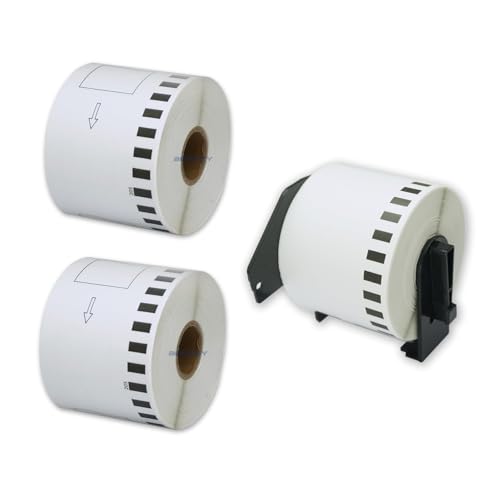 BETCKEY - 3 Rollen DK-22205 Etiketten mit NUR 1 Wiederverwendbaren Etiketten Haltern, 62mm x 30.48m, Schwarz auf Weiß, 3 Endlosetiketten (Papier) für Brother QL Etikettendrucker von BETCKEY