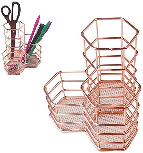 BETOY Bleistifthalter,Topf Mesh Pen Cup,Stiftehalter Mode Durchbrochen Eisenkunst Schreibgerätehalter Make-up Pinsel Ablagekorb, Metall Rosegold Kreativ Hexagon Stifthalter Organizer Container Büro von BETOY