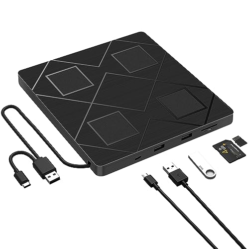 BEVA Externe CD/DVD Laufwerk USB 3.0 & Type C, DVD Laufwerk mit 2 USB Ports & SD/TF Slot, DVD/CD+/-RW Brenner Drive Tragbar für Laptop, Desktop, MacBook, Windows 11/10/8/7/XP/Vista/Linux, MAC OS von BEVA