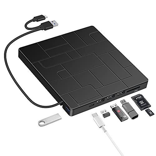 BEVA Ultra Slim Externes CD Laufwerk, Type-C USB 3.0 DVD Laufwerk RW CD DVD Brenner mit SD-TF-Kartenleser Hohe Datenübertragung für Laptop, Desktop Mac OS, Windows 11/10/8/7/XP/Linux/Vista, Plug&Play von BEVA