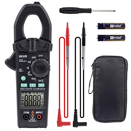 Clamp Meter, BEVA Zangenmessgerät Strommesszange, Handheld Digital Multimeter Multitester 6000 Counts, für AC/DC Spannung, AC Strom, Widerstand,Diode, Batterietest, LCD Bildschirm mit NCV und Batterie von BEVA