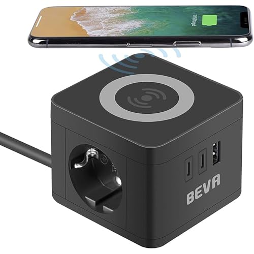 BEVA Steckdosenwürfel Cube mit Wireless Ladefunktion + 1.5M Kabel，2500W/10A Mehrfachsteckdose mit 2 USB C+1 USB-A, Ladewürfel mit Wireless Charger, Handy-Ladegerät für Reise Haushalt Büro, Schwarz von BEVA