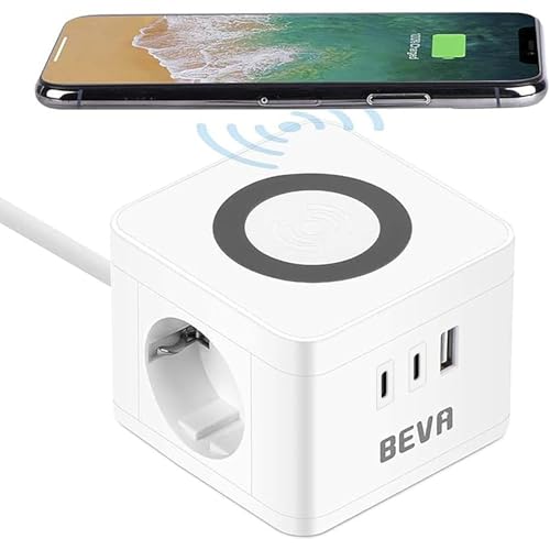 Steckdosenwürfel, BEVA Cube Steckdosenleiste 2 Fach + 3 USB mit Wireless Ladefunktion Mehrfachsteckdose Schutzkontakt Desktop-Ladestation, Handy-Ladegerät für Reise, Haushalt und Büro, Weiß von BEVA