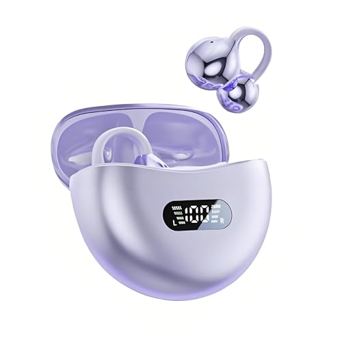 BEVCEFCC Open Ear Kopfhörer Bluetooth 5.4 Clip On Kopfhörer Kabellos Kopfhörer Sport Luftleitung Knochenschall Kopfhörer Sport mit Ohrclip, Digitale Anzeige-LED, für Joggen/Laufen (Lila) von BEVCEFCC