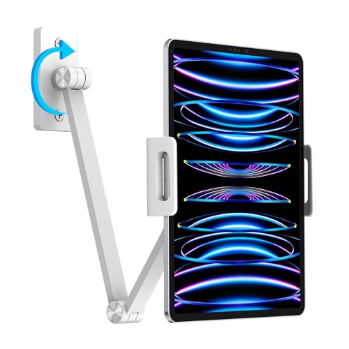 BEWISER Tablet Wandhalterung Weiß Drehbare Basis,iPad Halterung Höhenverstellbar Kompatibel mit 4.7-12.9 Zoll Pad,Telefon,Galaxy Tab,Schraubbar Handyhalterung 360° Drehbar für Wand,Küche,Lagerhause von BEWISER