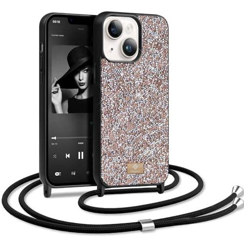 BEZ Handyhülle für iPhone 13 Hülle mit Band, iPhone 13 Hülle Glitzer, Sparkle Diamond Crystal Bling Hülle mit Bling & Co. Serie Kompatibel für iPhone 13, Toskanisches Beige von BEZ