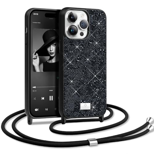 BEZ Handyhülle für iPhone 14 Pro Hülle mit Band, iPhone 14 Pro Hülle Glitzer, Sparkle Diamond Crystal Bling Hülle mit Bling & Co. Serie Kompatibel für iPhone 14 Pro, Jet Schwarz von BEZ