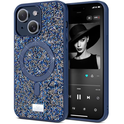 BEZ Handyhülle für iPhone 15 Hülle Glitzer, Kompatibel mit MagSafe, Sparkle Diamond Crystal Bling Hülle mit Bling & Co. Serie, Magnetisch Hülle für iPhone 15, Marine von BEZ