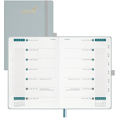 BEZEND 18-Monate Kalender 2025 2026 Terminplaner (Juli 25-Dez 26), Wochenplaner A5 1 Woche 2 Seiten mit 2 Spalten, Buchkalender 25/26 Hardcover, Graublau von BEZEND
