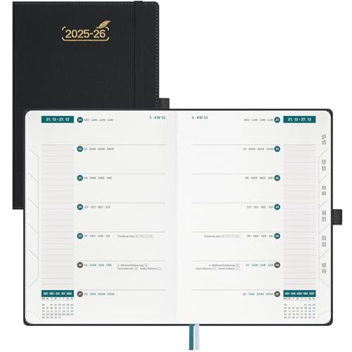 BEZEND 18-Monate Kalender 2025 2026 Terminplaner (Juli 25-Dez 26), Wochenplaner A5 1 Woche 2 Seiten mit 2 Spalten, Buchkalender 25/26 Hardcover, Schwarz von BEZEND
