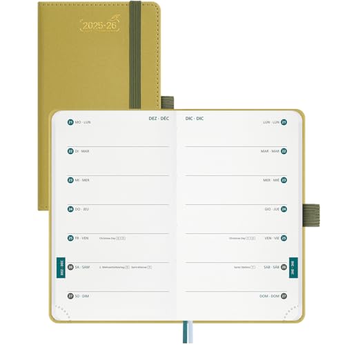 BEZEND 18-Monate Taschenkalender 2025 2026 klein (Juli 25-Dez 26), Kalender 25/26 Wochenplaner A6 1 Woche 2 Seiten mit 2 Spalten, Terminplaner 25/26 Hardcover, Senf von BEZEND