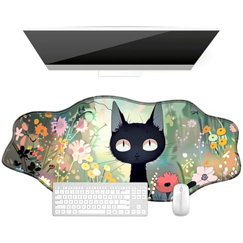 BFDHGQZC Schreibtischunterlage mit schwarzer Katze unter Blumen, unregelmäßige Form, großes Mauspad, 90 x 40 cm, Gummiunterseite, Mauspad mit genähten Kanten, große Schreibtischunterlage für Arbeit von BFDHGQZC