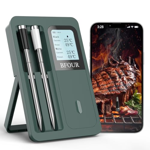BFOUR Fleischthermometer Kabellos mit 2 Sonde (Upgraded), Bluetooth Grillthermometer mit großem LCD-Display, App-Steuerung,Intelligent Bratenthermometer für Grill,Backofen und Grill von BFOUR