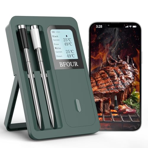 BFOUR Fleischthermometer Kabellos mit 2 Sonde (Upgraded), Bluetooth Grillhermometer mit großem LCD-Display, App-Steuerung,Intelligent Bratenthermometer für Grill,Backofen und Grill von BFOUR