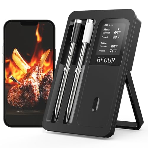 BFOUR Fleischthermometer Kabelloses mit 2 Sonden,Bluetooth Grillthermometer mit Smart Base, LCD-Display, APP-Steuerung, Bratenthermometer digital für Ofen, Grill,Räucherofen,Upgrade Ver. von BFOUR