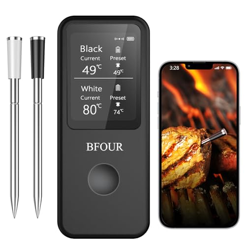 BFOUR Fleischthermometer Kabellos Grillthermometer Bluetooth mit Doppelsonde, App-Steuerung, IP67 wasserdicht, Bratenthermometer drahtlos für Grill, Backofen, Rotisserie von BFOUR