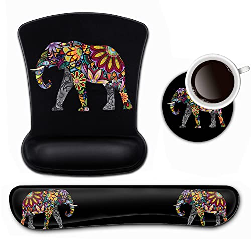 Tastatur-Handgelenkauflage und Mauspad, Handgelenkstütze, buntes Elefanten-Design, ergonomisches Gel-Mauspad, einfaches Tippen, Schmerzlinderung, Memory-Schaum-Tastatur-Mauspad-Set mit Untersetzern Tastatur-Handgelenkauflage und Mauspad, Handgelenkstütze, buntes Elefanten-Design, ergonomisches Gel-Mauspad, einfaches Tippen, Schmerzlinderung, Memory-Schaum-Tastatur-Mauspad-Set mit Untersetzern von BFRKXOCK