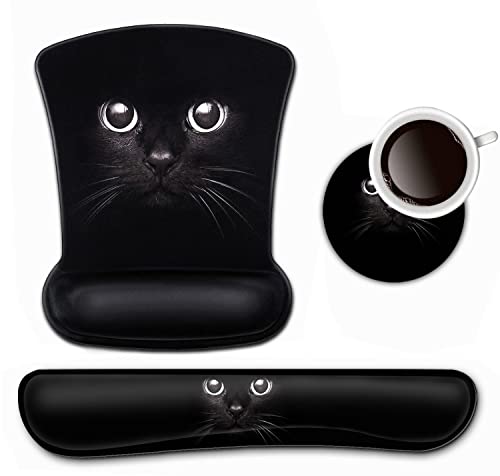Tastatur-Handgelenkauflage und Mauspad, Handgelenkstützen-Set, schwarze Katze, ergonomisches Gel-Mauspad, einfaches Tippen, Schmerzlinderung, Memory-Schaum-Tastatur-Mauspad-Set mit Untersetzern von BFRKXOCK
