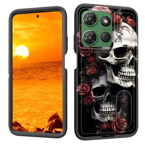 BFUKVOU Schutzhülle für Moto G 5G 2025 mit eingebautem Ständer, stoßfest, staubdicht, sturzsicher, 3-lagig, militärische Qualität, 17 cm (6,7 Zoll), Totenkopf-Motiv von BFUKVOU