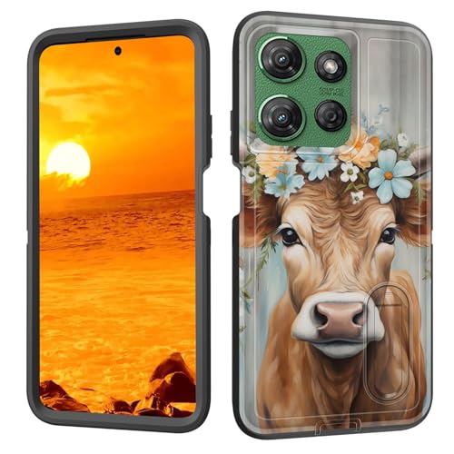 BFUKVOU Schutzhülle für Moto G 5G 2025 mit integriertem Ständer, stoßfest, staubdicht, sturzsicher, 3-lagig, militärische Qualität, 17 cm (6,7 Zoll), Highlandkuh mit floraler Kunst von BFUKVOU