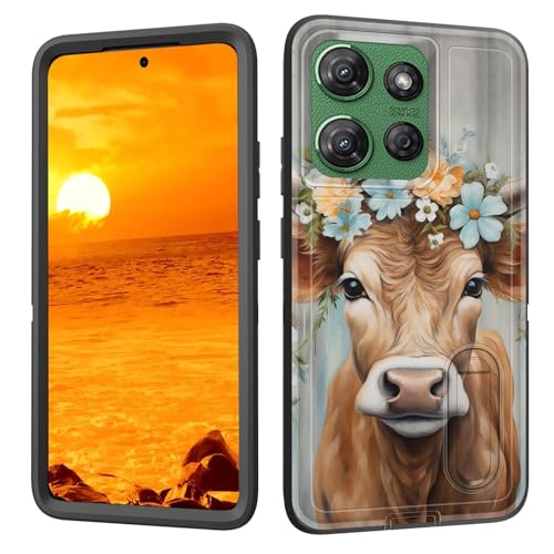 BFUKVOU Schutzhülle für Moto G Power 2025 mit integriertem Ständer, stoßfest, staubdicht, sturzsicher, 3-lagig, militärische Qualität, 17,3 cm (6,8 Zoll), Hochlandkuh mit floraler Kunst von BFUKVOU