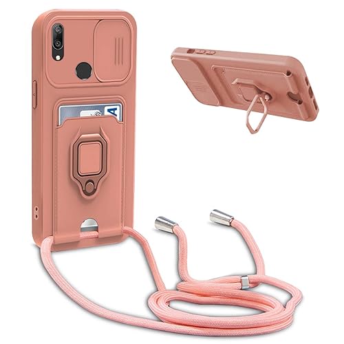BGHHEU Handykette Schutzhülle kompatibel mit Huawei Y7 2019 Handyhülle mit Band,Schiebe Kameraschutz,360 Grad Ringhalter Stand,Kartenfach,Verstellbarer Halskette Silikon hülle - Pink von BGHHEU