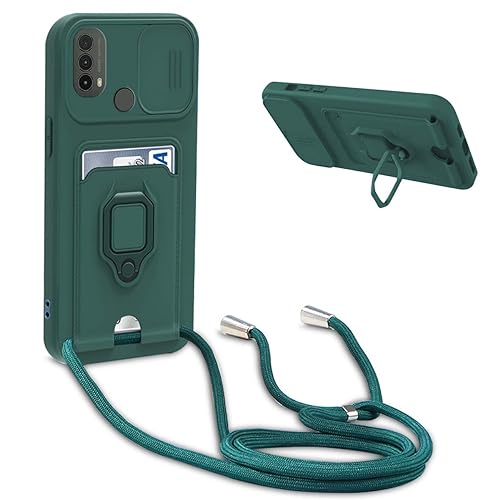 BGHHEU Handykette Schutzhülle kompatibel mit Samsung Galaxy A20/A30 Handyhülle mit Band,Schiebe Kameraschutz,360 Grad Ringhalter Stand,Kartenfach,Verstellbarer Halskette Silikon hülle - Dunkel Grün von BGHHEU