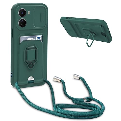 BGHHEU Handykette Schutzhülle kompatibel mit Vivo Y16 4G / Vivo Y02S Handyhülle mit Band,Schiebe Kameraschutz,360 Grad Ringhalter Stand,Kartenfach,Verstellbarer Halskette Silikon hülle - Dunkel Grün von BGHHEU