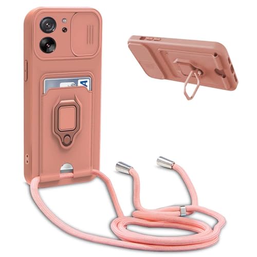 BGHHEU Handykette Schutzhülle kompatibel mit Xiaomi 13T / Xiaomi 13T Pro Handyhülle mit Band,Schiebe Kameraschutz,360 Grad Ringhalter Stand,Kartenfach,Verstellbarer Halskette Silikon hülle - Pink von BGHHEU