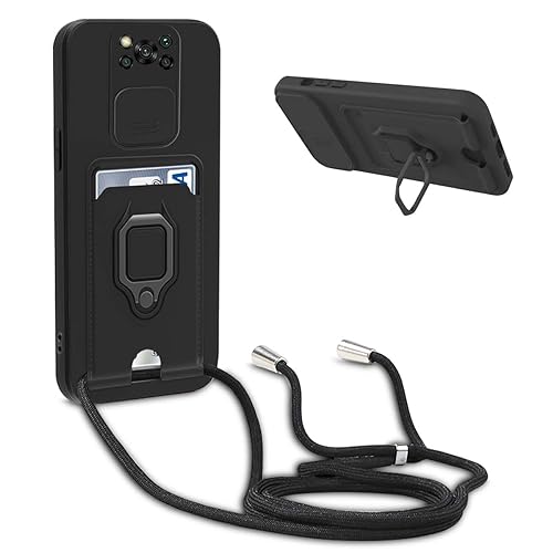 BGHHEU Handykette Schutzhülle kompatibel mit Xiaomi Poco X3 NFC Handyhülle mit Band,Schiebe Kameraschutz,360 Grad Ringhalter Stand,Kartenfach,Verstellbarer Halskette Silikon hülle - Schwarz von BGHHEU