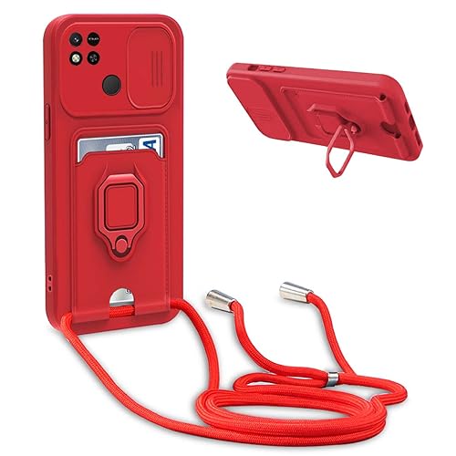 BGHHEU Handykette Schutzhülle kompatibel mit Xiaomi Redmi 10A / 9C Handyhülle mit Band,Schiebe Kameraschutz,360 Grad Ringhalter Stand,Kartenfach,Verstellbarer Halskette Silikon hülle - Rot von BGHHEU