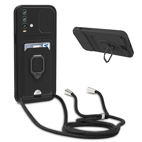BGHHEU Handykette Schutzhülle kompatibel mit Xiaomi Redmi Note 9 Handyhülle mit Band,Schiebe Kameraschutz,360 Grad Ringhalter Stand,Kartenfach,Verstellbarer Halskette Silikon hülle - Schwarz von BGHHEU