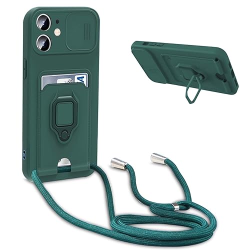 BGHHEU Handykette Schutzhülle kompatibel mit iPhone 11 Handyhülle mit Band,Schiebe Kameraschutz,360 Grad Ringhalter Stand,Kartenfach,Verstellbarer Halskette Silikon hülle - Dunkel Grün von BGHHEU