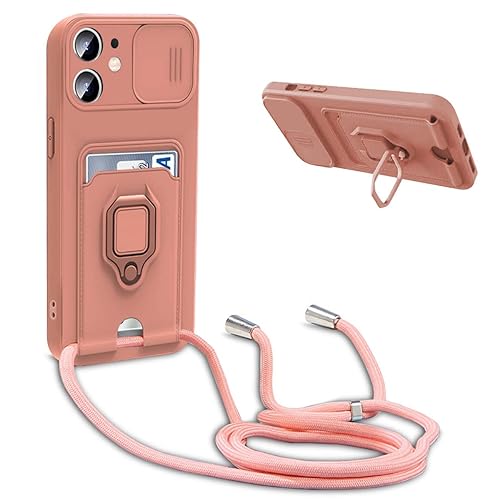 BGHHEU Handykette Schutzhülle kompatibel mit iPhone 11 Handyhülle mit Band,Schiebe Kameraschutz,360 Grad Ringhalter Stand,Kartenfach,Verstellbarer Halskette Silikon hülle - Pink von BGHHEU