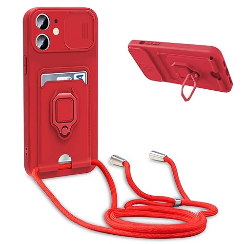 BGHHEU Handykette Schutzhülle kompatibel mit iPhone 11 Handyhülle mit Band,Schiebe Kameraschutz,360 Grad Ringhalter Stand,Kartenfach,Verstellbarer Halskette Silikon hülle - Rot von BGHHEU