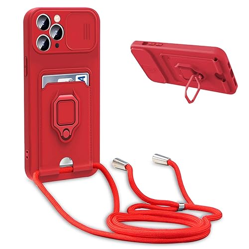 BGHHEU Handykette Schutzhülle kompatibel mit iPhone 11 Pro Max Handyhülle mit Band,Schiebe Kameraschutz,360 Grad Ringhalter Stand,Kartenfach,Verstellbarer Halskette Silikon hülle - Rot von BGHHEU