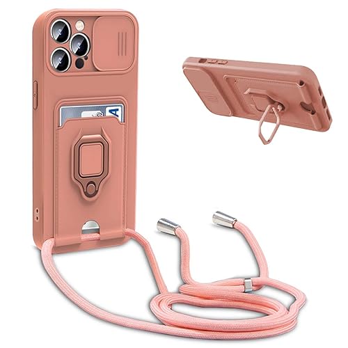 BGHHEU Handykette Schutzhülle kompatibel mit iPhone 13 Handyhülle mit Band,Schiebe Kameraschutz,360 Grad Ringhalter Stand,Kartenfach,Verstellbarer Halskette Silikon hülle - Pink von BGHHEU