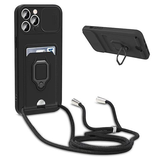 BGHHEU Handykette Schutzhülle kompatibel mit iPhone 13 Handyhülle mit Band,Schiebe Kameraschutz,360 Grad Ringhalter Stand,Kartenfach,Verstellbarer Halskette Silikon hülle - Schwarz von BGHHEU