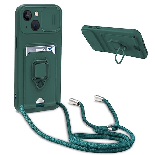 BGHHEU Handykette Schutzhülle kompatibel mit iPhone 14 Handyhülle mit Band,Schiebe Kameraschutz,360 Grad Ringhalter Stand,Kartenfach,Verstellbarer Halskette Silikon hülle - Dunkel Grün von BGHHEU