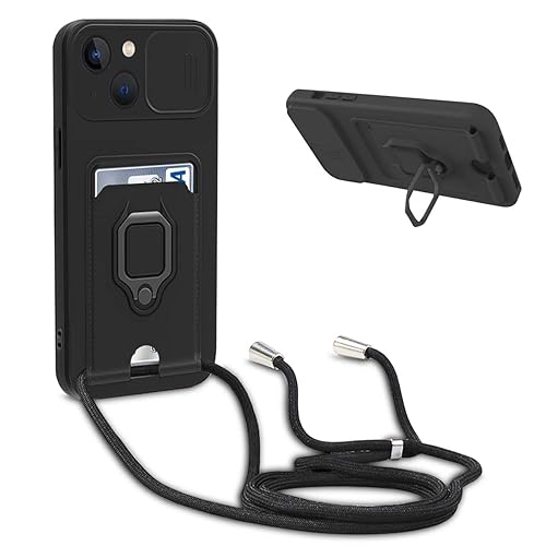 BGHHEU Handykette Schutzhülle kompatibel mit iPhone 14 Handyhülle mit Band,Schiebe Kameraschutz,360 Grad Ringhalter Stand,Kartenfach,Verstellbarer Halskette Silikon hülle - Schwarz von BGHHEU