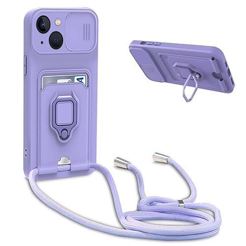 BGHHEU Handykette Schutzhülle kompatibel mit iPhone 15 Handyhülle mit Band,Schiebe Kameraschutz,360 Grad Ringhalter Stand,Kartenfach,Verstellbarer Halskette Silikon hülle - Violett von BGHHEU