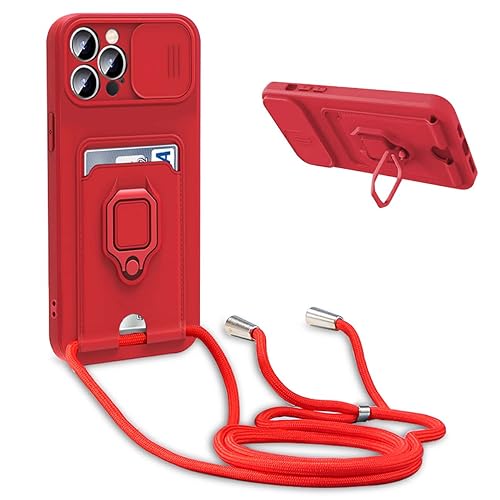 BGHHEU Handykette Schutzhülle kompatibel mit iPhone 15 Pro Handyhülle mit Band,Schiebe Kameraschutz,360 Grad Ringhalter Stand,Kartenfach,Verstellbarer Halskette Silikon hülle - Rot von BGHHEU