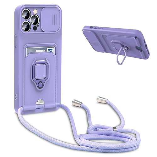 BGHHEU Handykette Schutzhülle kompatibel mit iPhone 15 Pro Handyhülle mit Band,Schiebe Kameraschutz,360 Grad Ringhalter Stand,Kartenfach,Verstellbarer Halskette Silikon hülle - Violett von BGHHEU