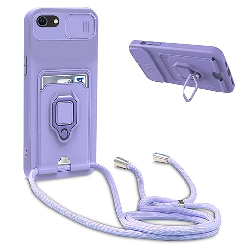 BGHHEU Handykette Schutzhülle kompatibel mit iPhone 6G/7G/8G/SE 2020 Handyhülle mit Band,Schiebe Kameraschutz,360 Grad Ringhalter Stand,Kartenfach,Verstellbarer Halskette Silikon hülle - Violett von BGHHEU
