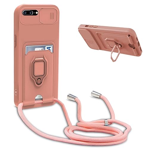 BGHHEU Handykette Schutzhülle kompatibel mit iPhone 8 Plus/7 Plus/6 Plus Handyhülle mit Band,Schiebe Kameraschutz,360 Grad Ringhalter Stand,Kartenfach,Verstellbarer Halskette Silikon hülle - Pink von BGHHEU