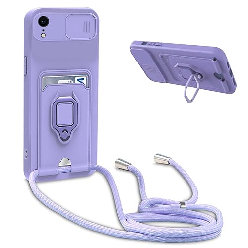 BGHHEU Handykette Schutzhülle kompatibel mit iPhone XR Handyhülle mit Band,Schiebe Kameraschutz,360 Grad Ringhalter Stand,Kartenfach,Verstellbarer Halskette Silikon hülle - Violett von BGHHEU