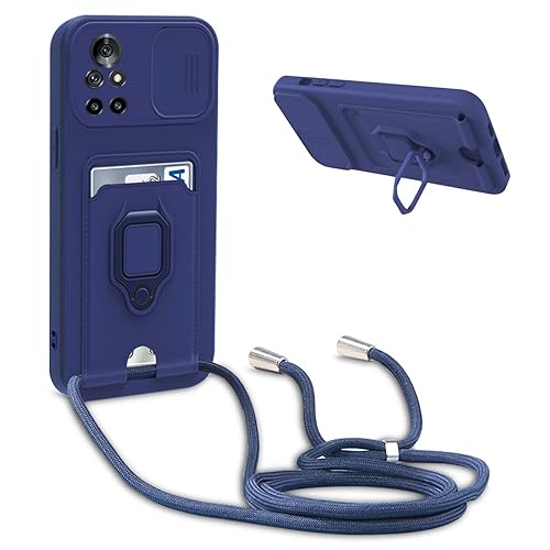 Handykette Schutzhülle kompatibel mit Huawei Nova 8i / Honor 50 Lite Handyhülle mit Band,Schiebe Kameraschutz,360 Grad Ringhalter Stand,Kartenfach,Verstellbarer Halskette Silikon hülle - Blau von BGHHEU