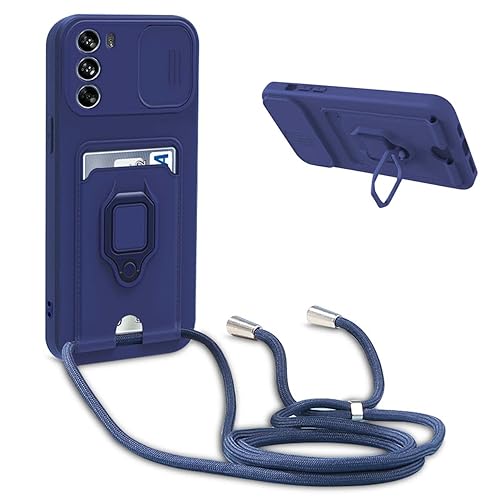 Handykette Schutzhülle kompatibel mit Motorola Moto G62 4G Handyhülle mit Band,Schiebe Kameraschutz,360 Grad Ringhalter Stand,Kartenfach,Verstellbarer Halskette Silikon hülle - Blau von BGHHEU