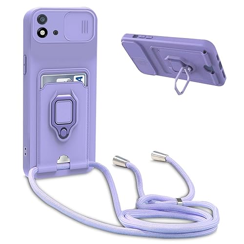 Handykette Schutzhülle kompatibel mit Oppo Realme C20 / Realme C11 2021 Handyhülle mit Band,Schiebe Kameraschutz,360 Grad Ringhalter Stand,Kartenfach,Verstellbarer Halskette Silikon hülle - Violett von BGHHEU