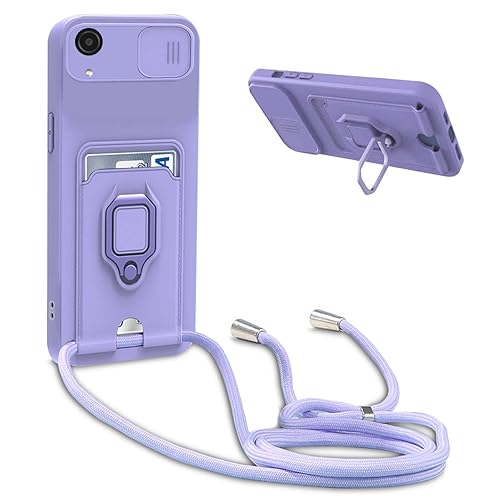 Handykette Schutzhülle kompatibel mit Samsung Galaxy A03 Core/A04 Core Handyhülle mit Band,Schiebe Kameraschutz,360 Grad Ringhalter Stand,Kartenfach,Verstellbarer Halskette Silikon hülle - Violett von BGHHEU